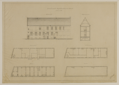 216498 Plattegronden, opstand en dwarsdoorsnede van het St.-Maria Magdalenaklooster, gelegen tussen de Nieuwegracht / ...